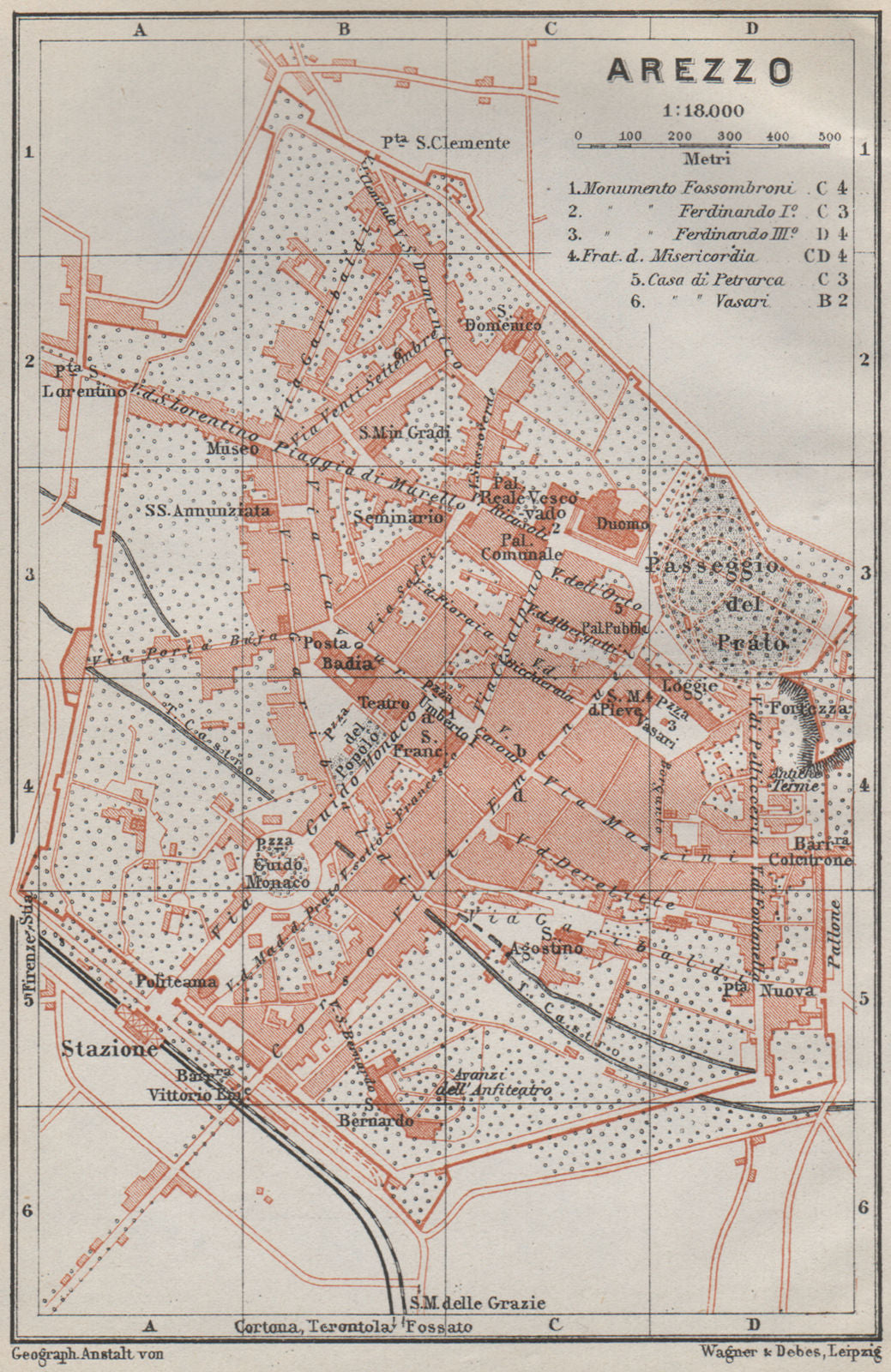 AREZZO antique town city plan piano urbanistico. Italy mappa. BAEDEKER 1909